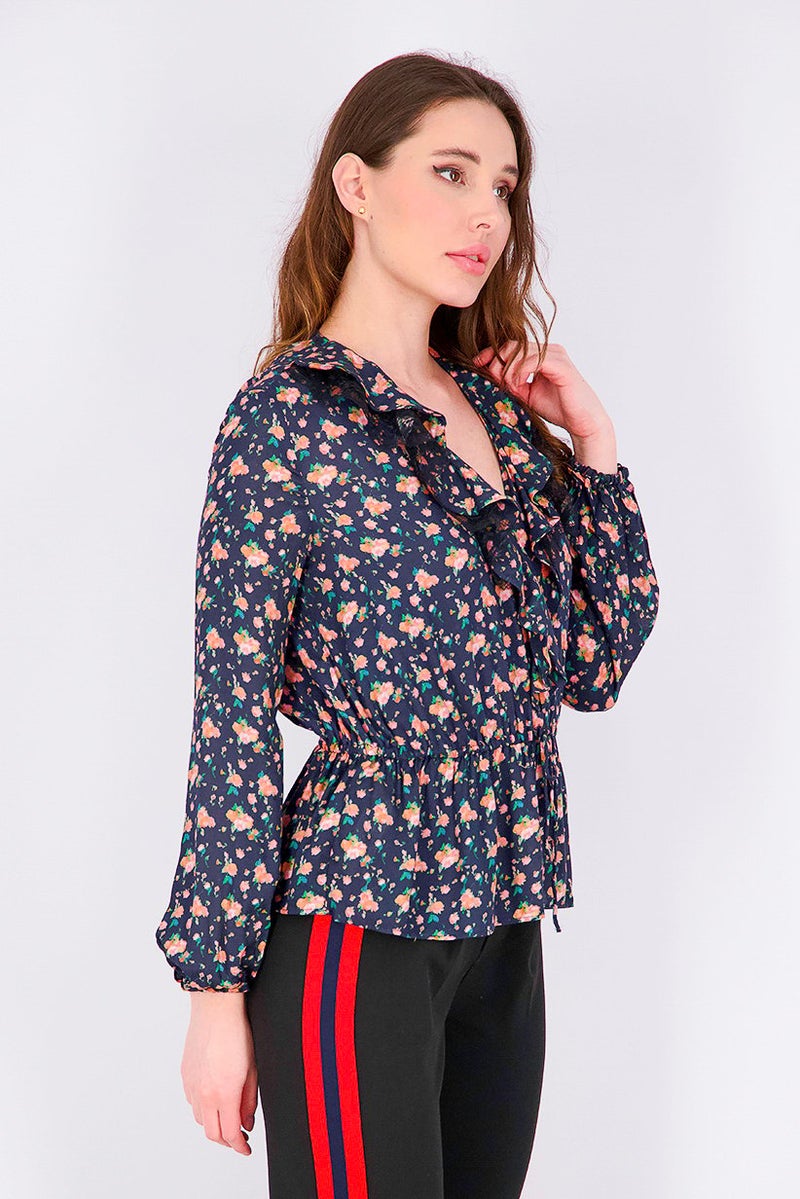 MANGO Women Long Sleeve Floral Print Ruffled Top, Navy Combo - Image 4